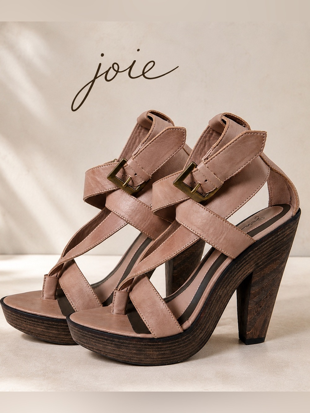 Joie Taupe Leather Platform Heels Size 8 8.5 EU 39 Strappy Sandals Made In Brazi
